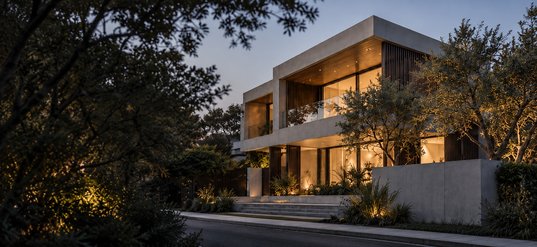 Contemporary house exterior at dusk, used as an architectural illustration 
